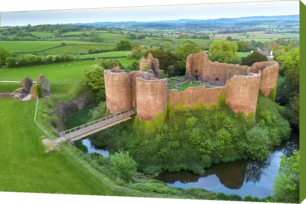 Aerial view of the ruins of White Castle, one of the Three Castles in Monmouthshire, Wales, UK. Spring (May) 2022