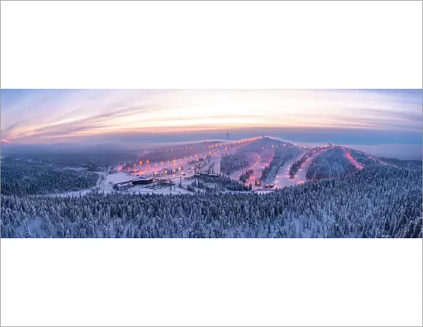 Ruka ski resort during the cold arctic sunset, Kuusamo, Northern Ostrobothnia, Lapland, Finland