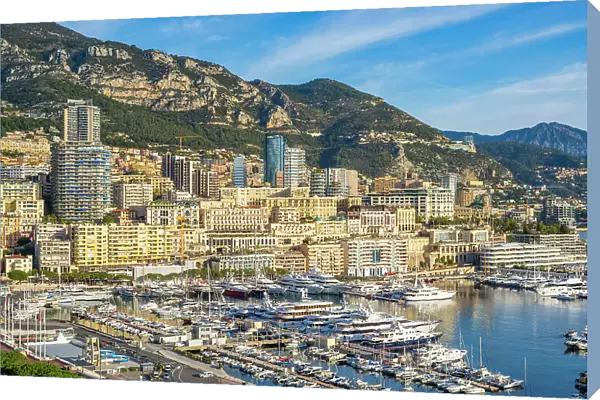 Europe, Principality of Monaco. The harbour of Monte Carlo and the skyline of Monaco