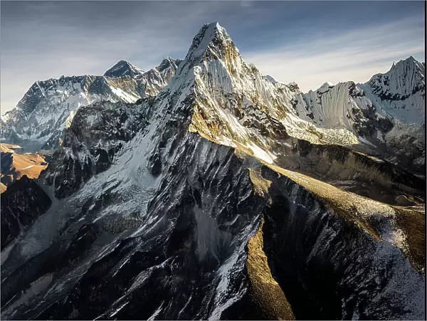 Aerial of Ama Dablam (6, 812m) with Mount Everest in background, Solukhumbu, Nepal