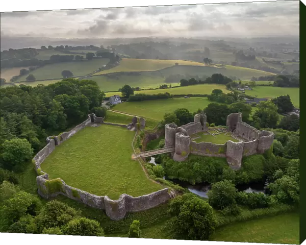 Aerial view of White Castle (also known as Llantilio Castle), Monmouthshire, Wales. Summer (June) 2023