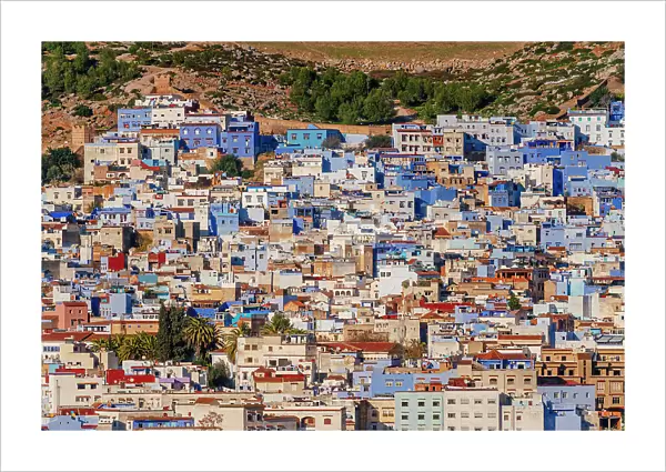 Chefchaouen from above, the Blue City in Morocco, North Africa