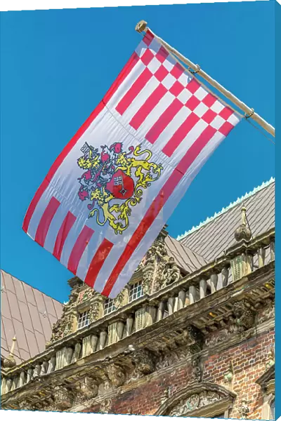 Bremen flag on the historic town hall on the market square, Bremen, Germany
