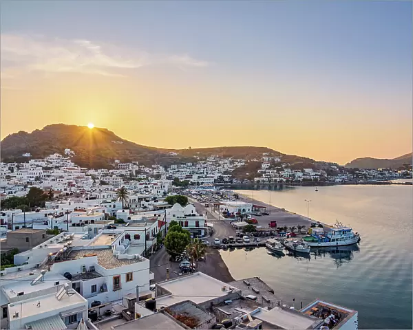 Skala Port at sunset, elevated view, Patmos Island, Dodecanese, Greece