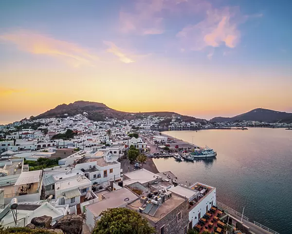 Skala Port at dusk, elevated view, Patmos Island, Dodecanese, Greece