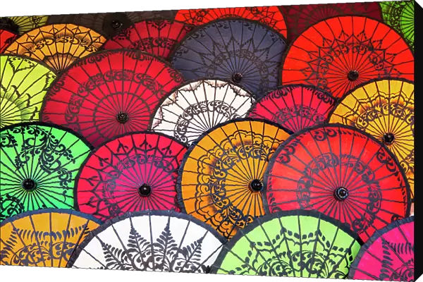 Colorful handmade Pathein umbrellas, Old Bagan, Bagan, Myanmar
