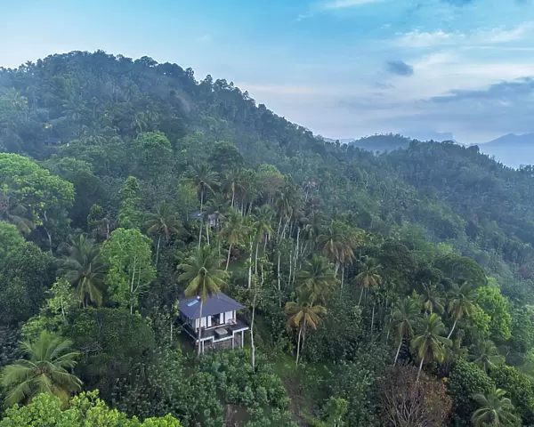 Asia, Sri Lanka, Kandy, Aarunya Nature Resort & Spa; luxury bungalows in the forest with mist rising from the moutains