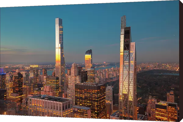 USA, New York City, elevated view of Central Park and the new tall buildings in Manhattan