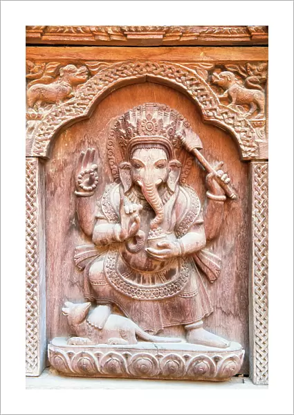 Nepalese Wooden Carving with Hindu God Ganesha (The Elephant God), Royal Palace in Patan, Kathmandu valley, Nepal, Asia