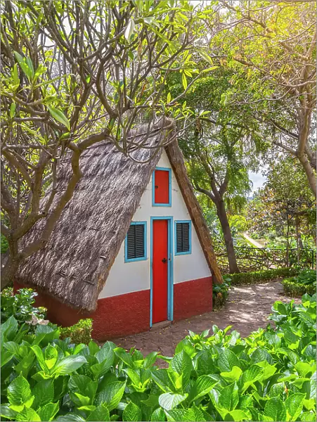 Traditional thatched triangular house inside Botanical garden of Madeira, Santa Maria Maior, Funchal, Madeira island, Portugal