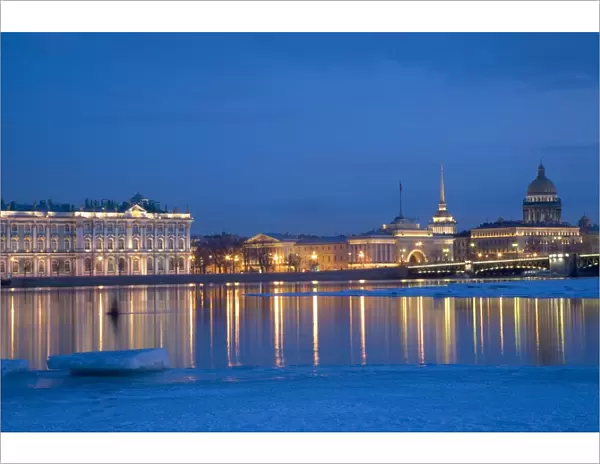 Russia, St. Petersburg; The partly frozen Neva River in Winter, with the Winter Palace