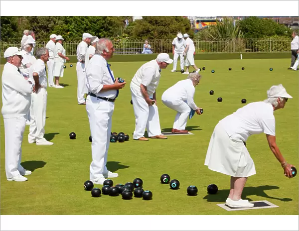 Old people playing bowls at Penzance in West Cornwall, UK