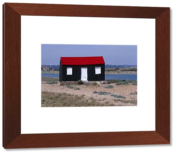 ENGLAND East sussex Rye Rye harbour Red and black corrugated hut with white doors built