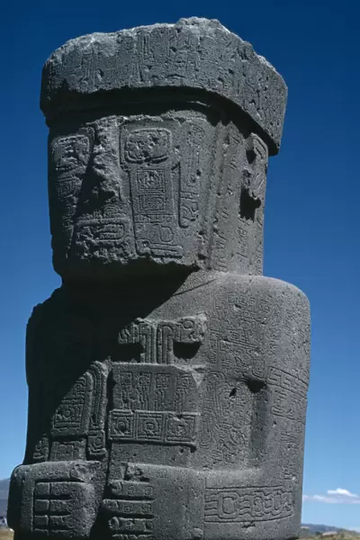 BOLIVIA, La Paz Tihuanaku basalt figure. Sun God. Ancient pre-Aymara site
