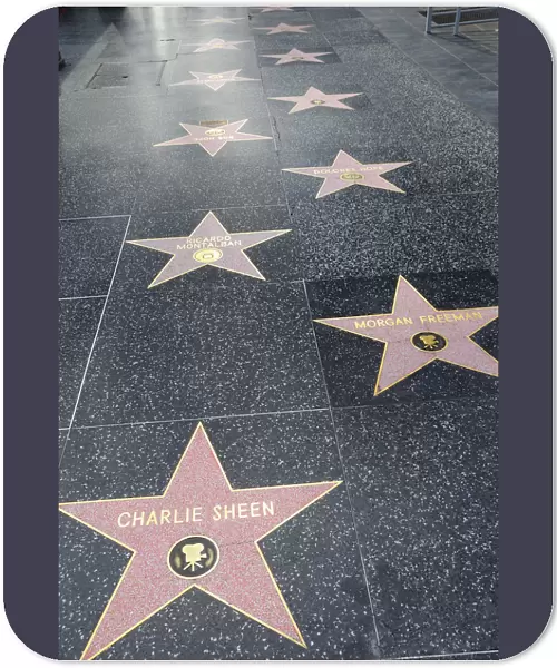 Hollywood Walk of Fame along Hollywood Boulevard showing stars of Charlie Sheen Morgan Freeman & Ricardo Montalban