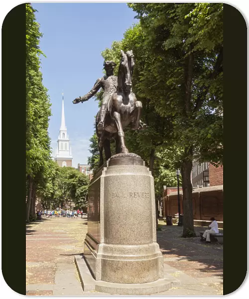 Statue of Paul Revere, Old North Church behind, North End, Paul Revere Mall, Boston