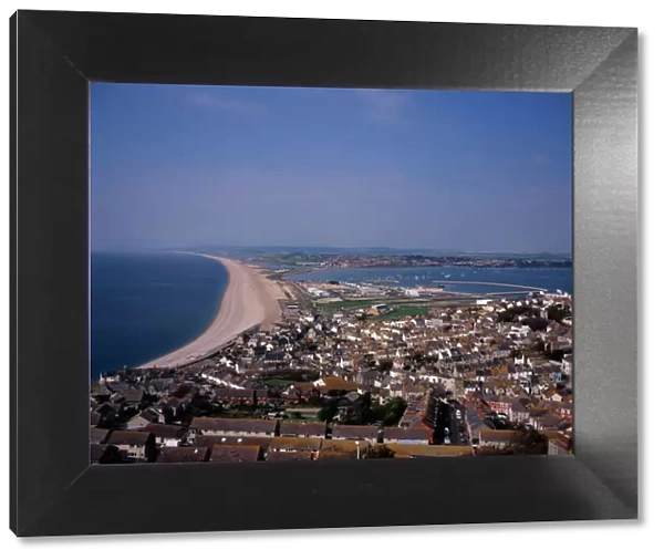 ENGLAND, Dorset, Portland Elevated view over Chesil Beach from cliff path above town