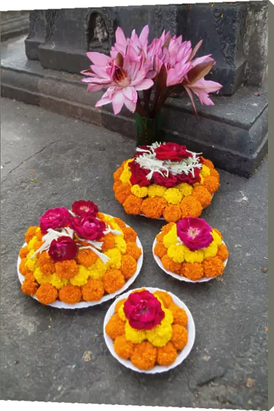 India, Bihar, Bodhgaya, Floral offering left by a pilgrim at the Mahabodhi Temple