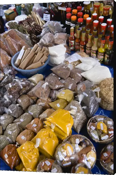 20090534. West Indies St Lucia Castries Market stall with packets of locally