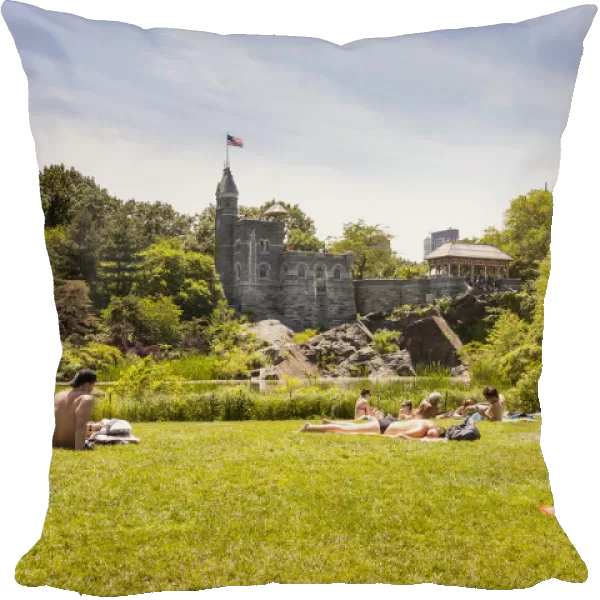 Belvedere Castle, and people sunbathing, Central Park, Manhattan, New York City, New York
