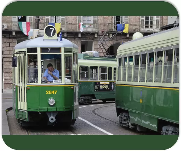 Italy, Piedmont, Turin, trams on Piazza Castello