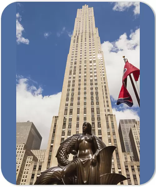 GE Building and The Maiden, one of the Mankind Figures, Rockefeller Center, Manhattan