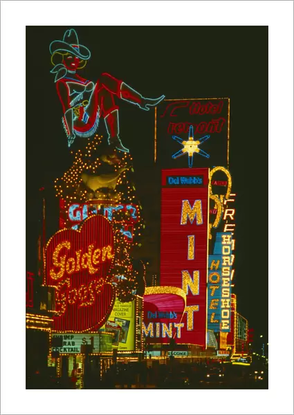 USA, Nevada, Las Vegas, Neon casino and hotel signs illuminated at night