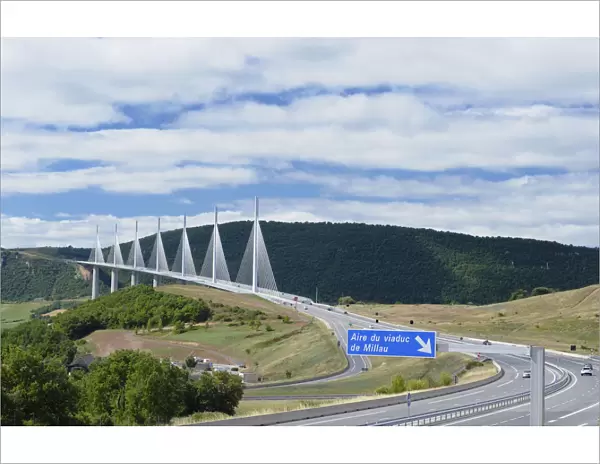 autoroute; autoroute sign; bridge; cable-stayed bridge; clouds; Dr Michel Virlog