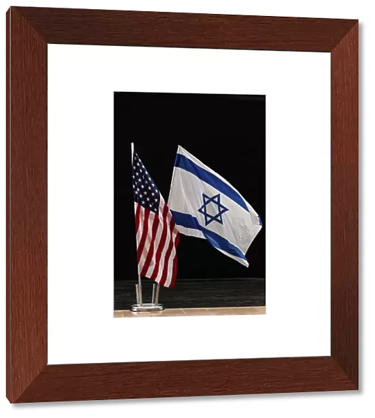 Israeli and U. S. flags displayed together in Netanya, Israel