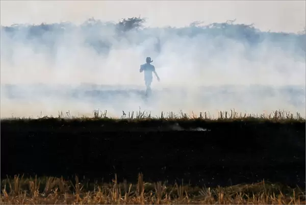 A farmer burns paddy waste stubble in a field on the outskirts of Ahmedabad