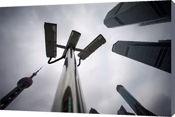 Surveillance cameras are seen at Lujiazui financial district in Pudong