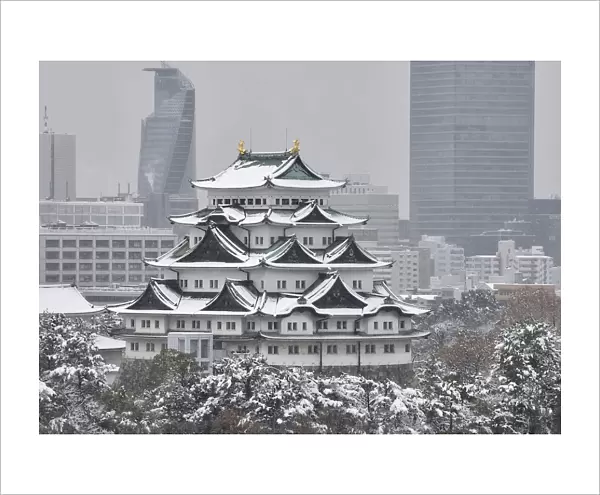 Nagoya Castle is seen covered with snow in Nagoya, central Japan