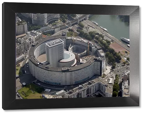 An aerial view shows the National French Radio building next to the Seine River in Paris