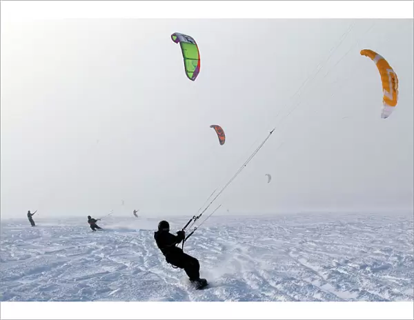 Kite surfers take advantage of the frozen Puck Bay in Chalupy