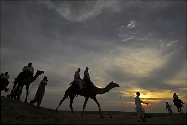Tourists ride camels as they are silhouetted against the setting sun over the Thar