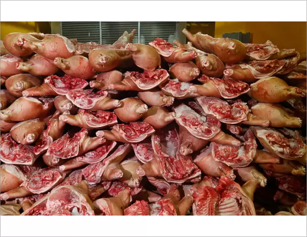 Chopped pork meat is seen at a meat processing factory in Minsk