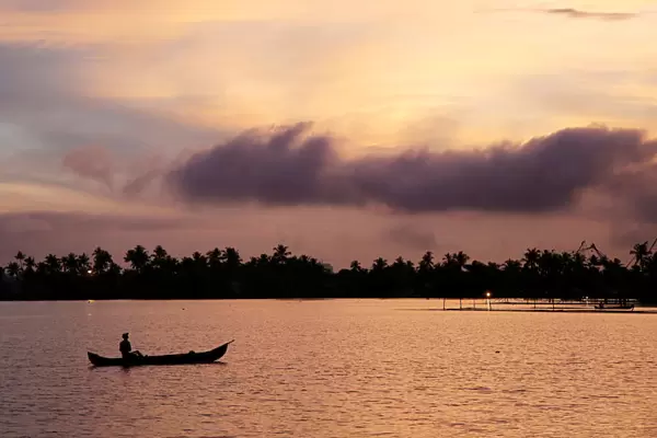 A man rows his boat in the tributary waters of Vembanad Lake against the backdrop of