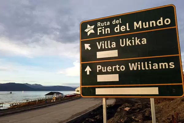 A sign indicates the way to the city of Puerto Williams in Chile
