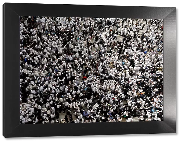 Jewish worshippers are seen from above during the priestly blessing prayer on the holiday