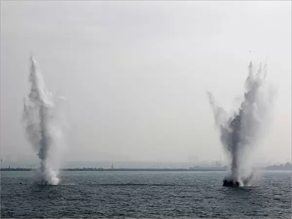 Training naval mines blast during a military drill in Kaohsiungs Zuoying naval base