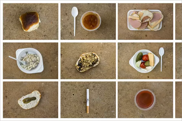 Combination of pictures shows dishes and cigarette served by volunteers to