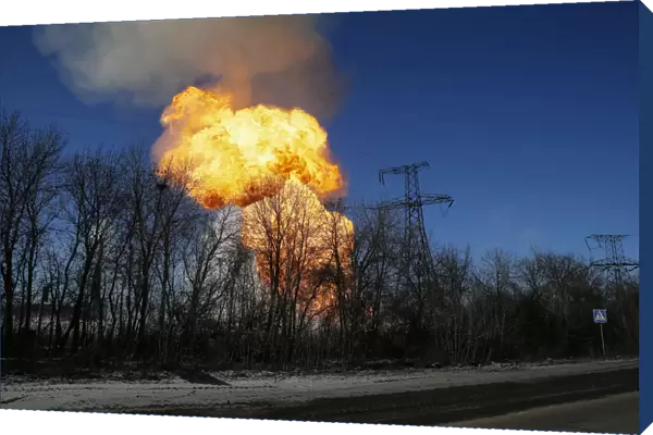 A view of an explosion after shelling is seen not far from Debaltseve