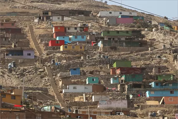 View of houses at a hill in the shanty town Nueva Esperanza on the outskirts of Lima