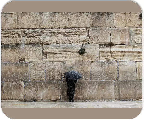 A man holding an umbrella prays at the Western Wall in Jerusalems Old City during a