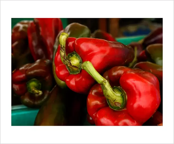 Red peppers are displayed on a vendors stand at the Farmers Market in Ta Qali