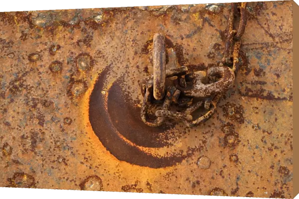 Close-up of rusted metal chain and loop in harbour, Granville, Manche, Basse-Normandie, Normandy, France, October