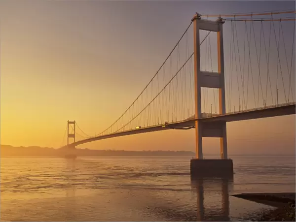 View of suspension bridge at dawn, viewed from Beachley looking towards Monmouthshire Severn Bridge, River Severn