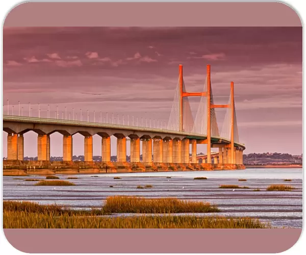 View of road bridge over river at sunset, viewed from Caldicot, Second Severn Crossing, River Severn, Severn Estuary