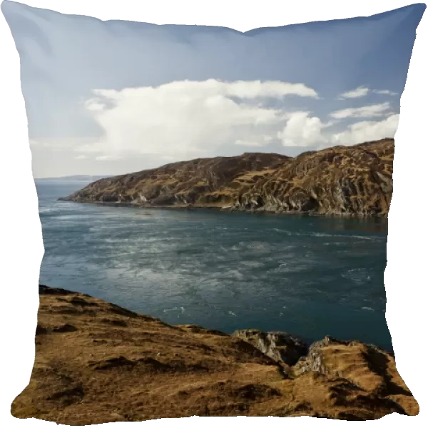 View of coastline with whirlpools in narrow strait, looking towards Isle of Scarba, Gulf of Corryvreckan, Isle of Jura