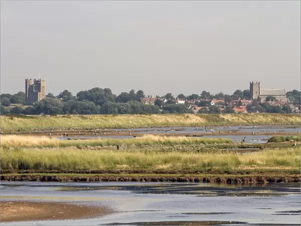 Looking over Havergate Island Marsh towards Orford, which shows the castle and church. - Suffolk